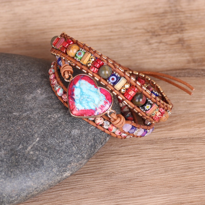 Beaded Braided Leather Multilayer Bracelet Heart Emperor Stone Colorful
