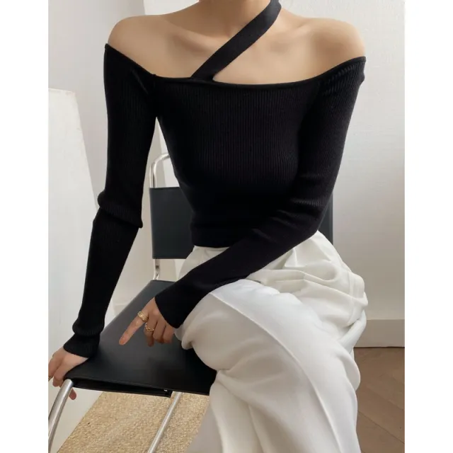 Women's French Niche Design Off the shoulder Knitted Sweater Top Black - Shop at LoveMi