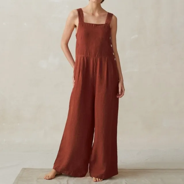 Wide Leg Jumpsuit Women Cotton And Linen Pocket Overalls Red - Shop at LoveMi