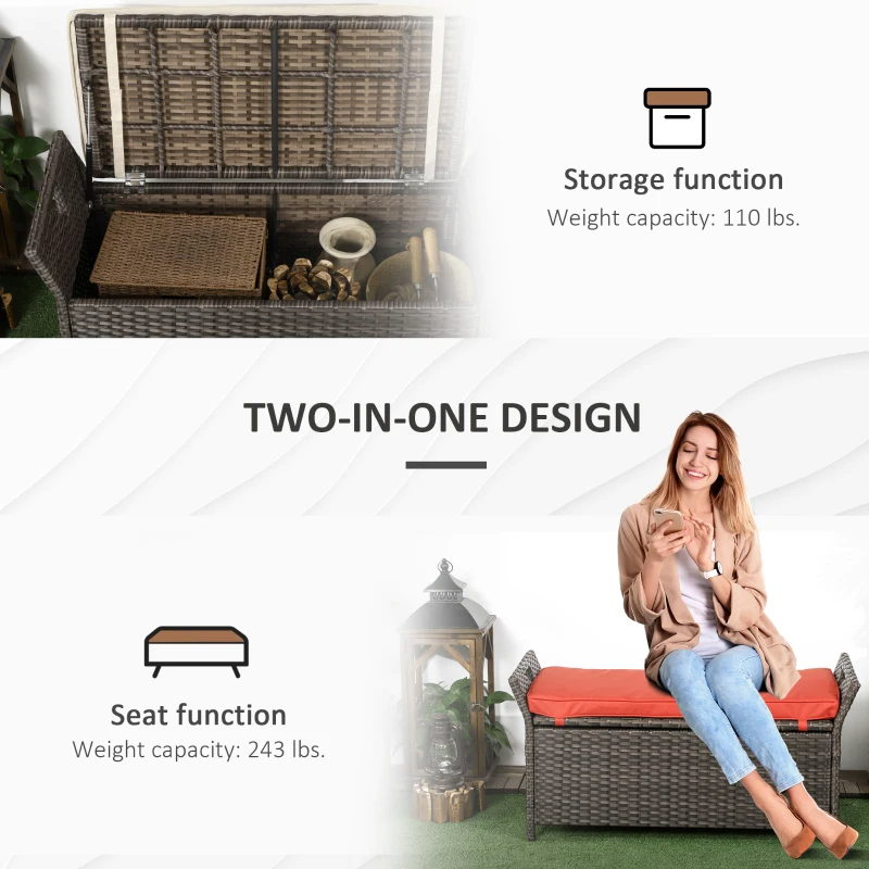 29 Gallon Patio Wicker Storage Bench, Outdoor PE Rattan Patio Furniture, 2-In-1 Large Capacity Rectangle Garden Storage Box With Handles And Cushion, Red