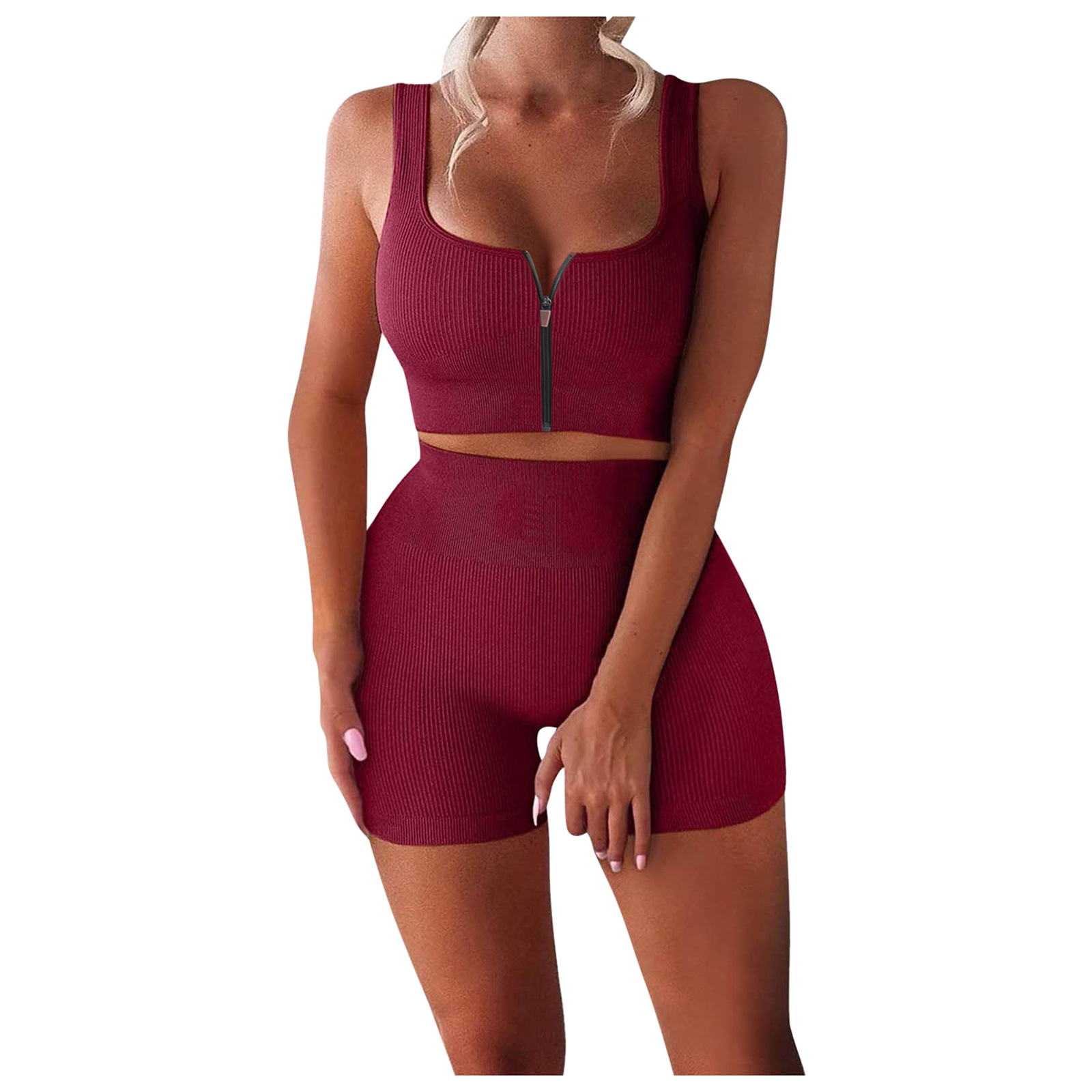 Two-piece Suit Ribbed Zipper Tank Top High Waist Shorts Yoga Suit