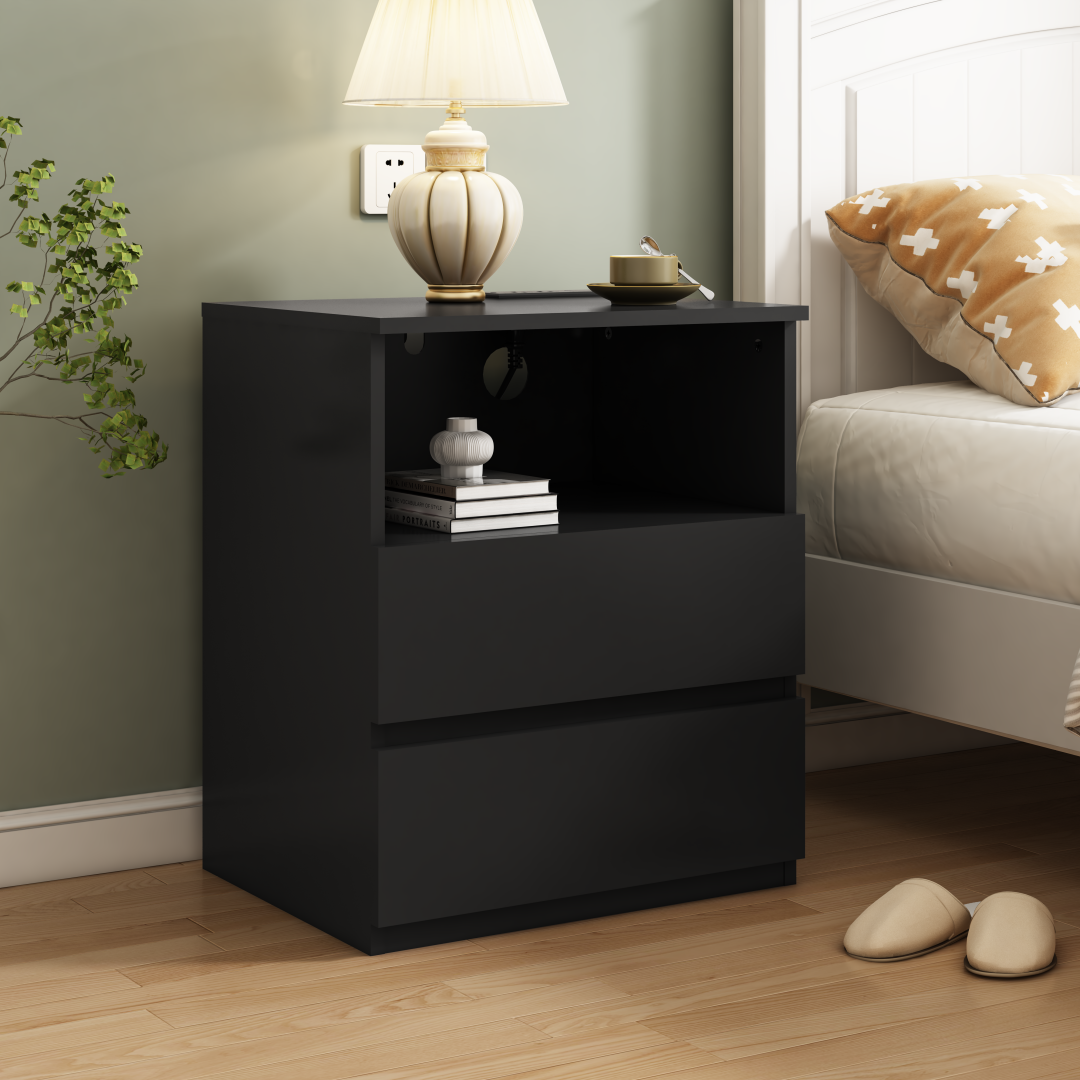 Set Of 2  End Table With Fast USB C Charging Station, Sofa Side Table With 2 Drawers, Large Storage Modern Wood Storage Cabinet For Living Room,Bedroom,Office, Black