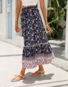 Lace-paneled Maxi Dress Rayon Positioned Floral Bohemian - Blue - View 1