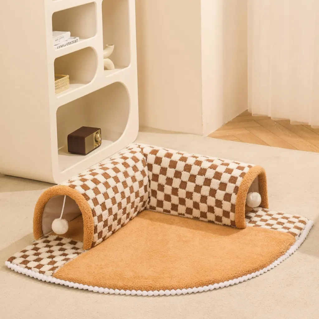 2 In 1 Dog Cat Bed Tunnel Cute Fan Shaped Pet Bed Funny Plush Plaid - Coffee