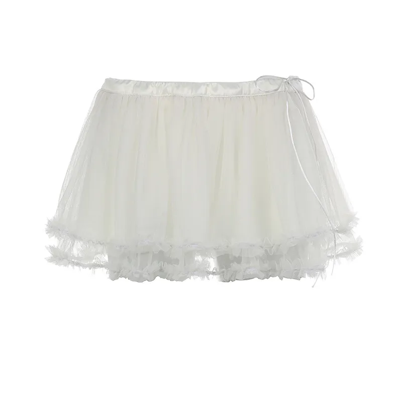 Low Waisted Pleated Mesh Mini A Skirt - White