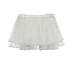 Low Waisted Pleated Mesh Mini A Skirt - White - View 1