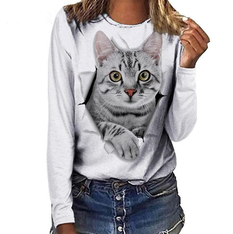 Explosive Letter Cat Print Round Neck Long Sleeve T Blood