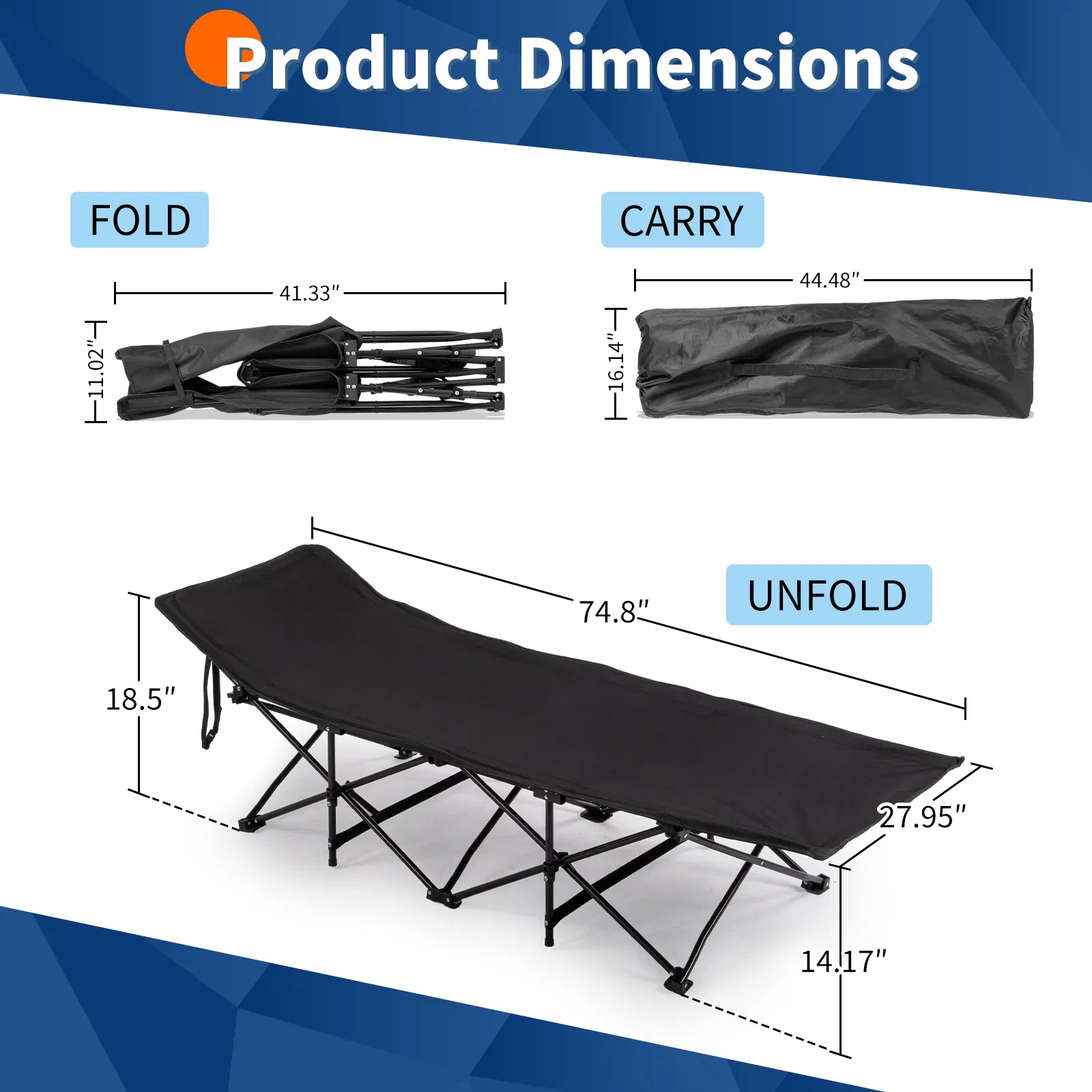 Folding Camping Cot Bed With Soft Pad, Portable Outdoor Cot, Adults Sleeping Bed For Home Office Nap Beach Travel, Black — foto 2