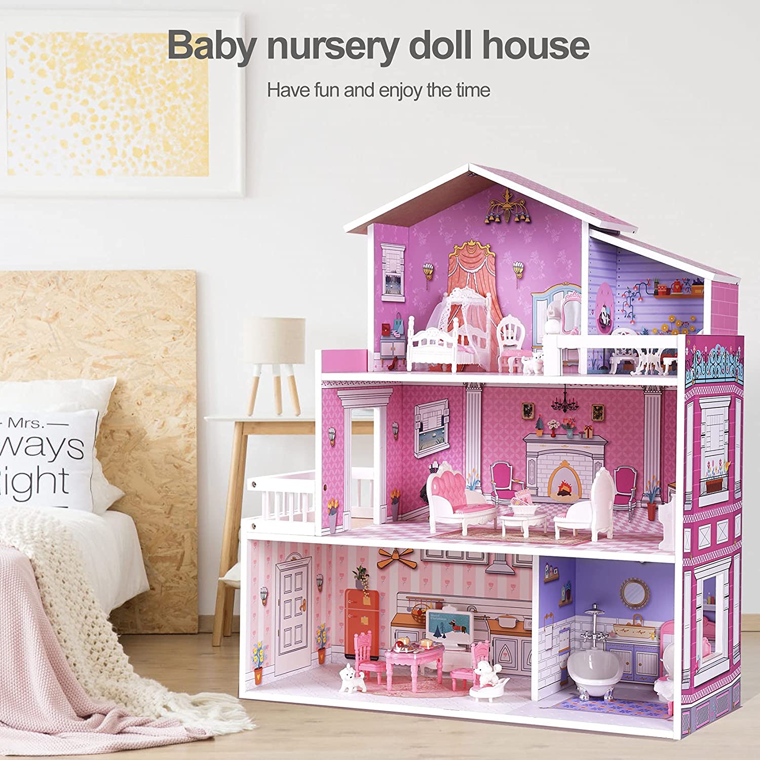 Wooden Dollhouse with Furniture for Girls Material: Wood (MDF) Size: 23.7 x 9.4 x 27.8 inches Item Weight: 16.3 Pounds Recommended Age: 8+