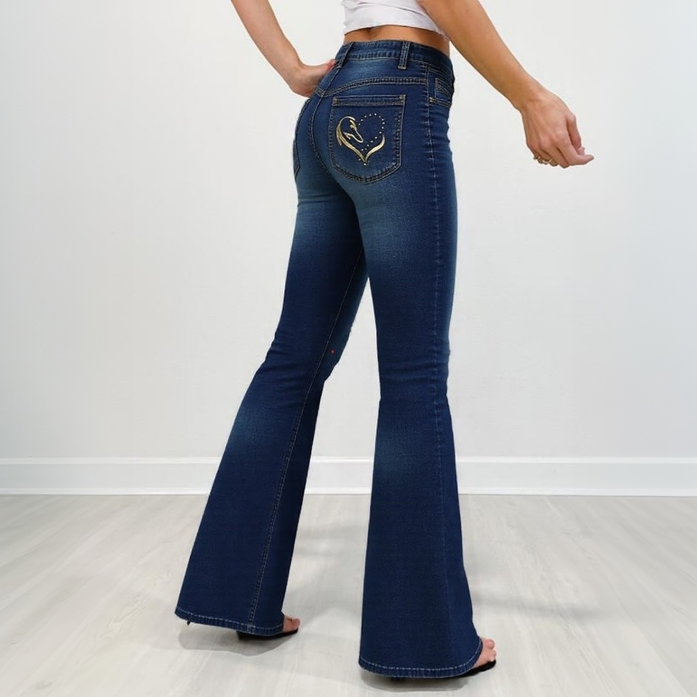 Gold Embroidered Horse Flare Jeans High Waisted Dark Wash, Retro Western Cowgirl Chic, Festival Ready Must Have Denim Pants Navy Blue - Shop at LoveMi