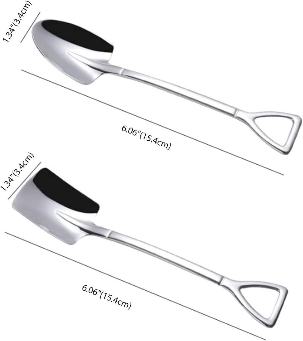 4-Piece Shovel Shape Dessert Spoon Set. The package comes with 4pcs dessert spoons, including 2pcs pointed shovel-shaped spoons pointed and 2pcs shovel shape spoons. Made of high-quality food-grade stainless steel, sturdy, durable and corrosion resistant.