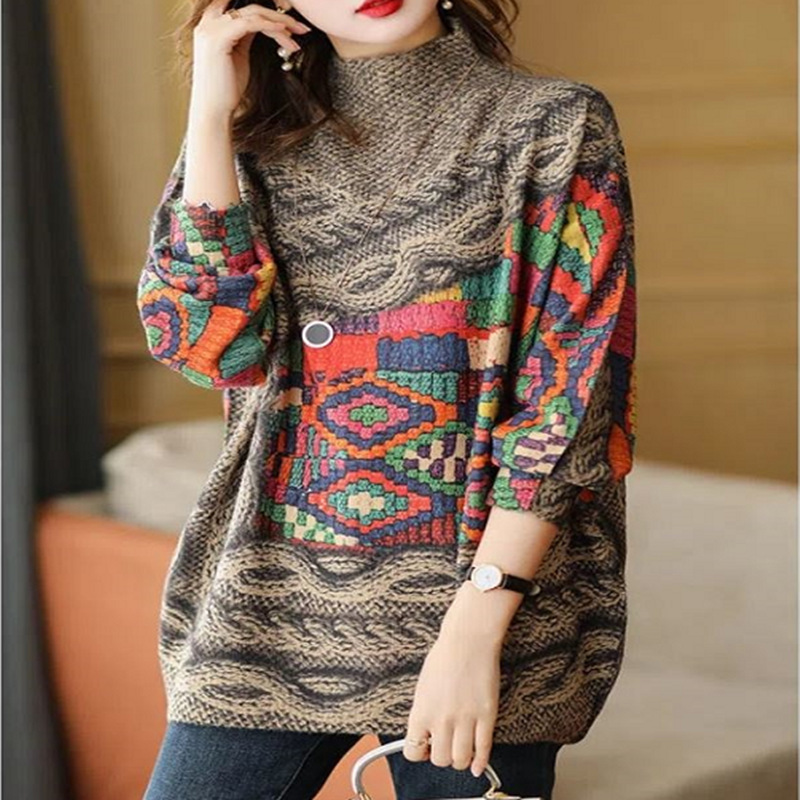 Autumn And Winter New Printing Fashion Loose Large Version Of The Knitted Jacket