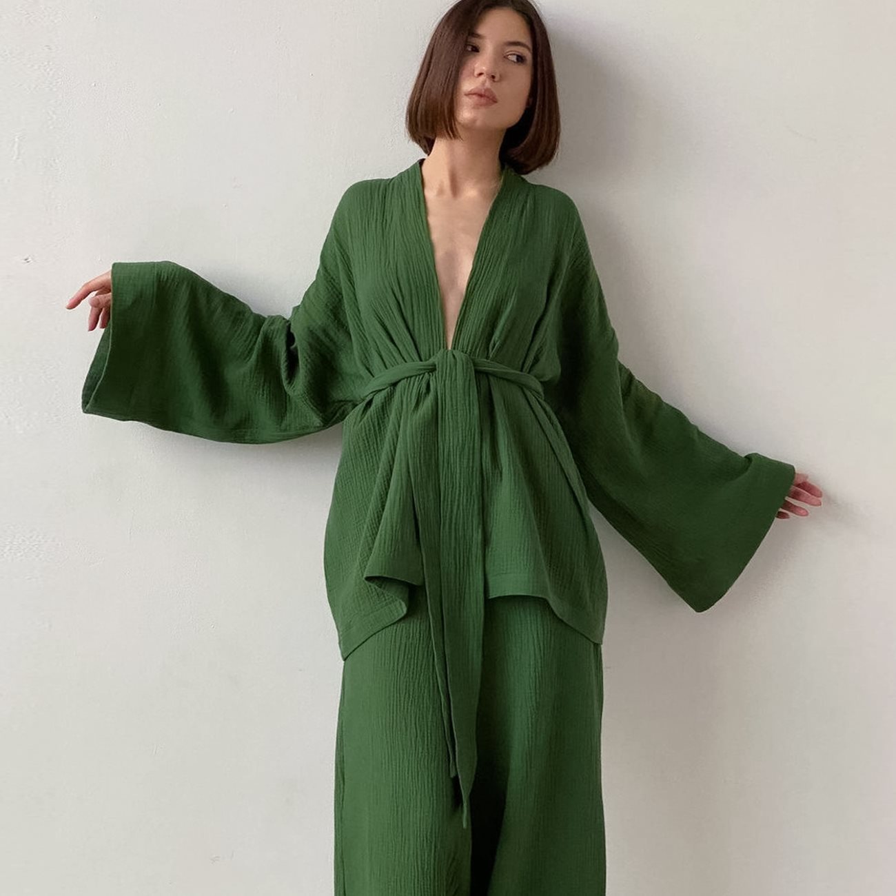 French Loose Gown Trousers Double Gauze Ladies Pajamas - Image 2