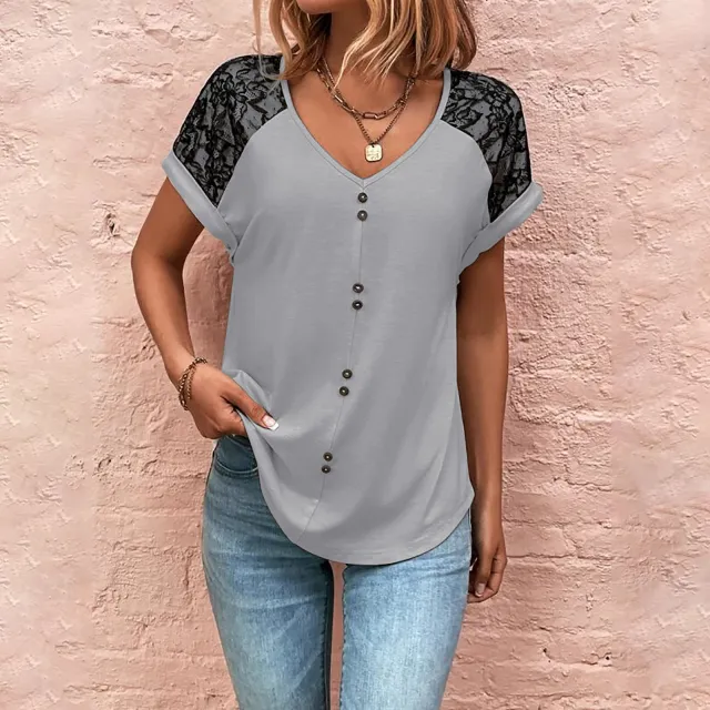 Women's T Shirt Lace Stitching V neck Top With Button Casual Summer Short Sleeve Pullover Shirt Gray - Shop at LoveMi