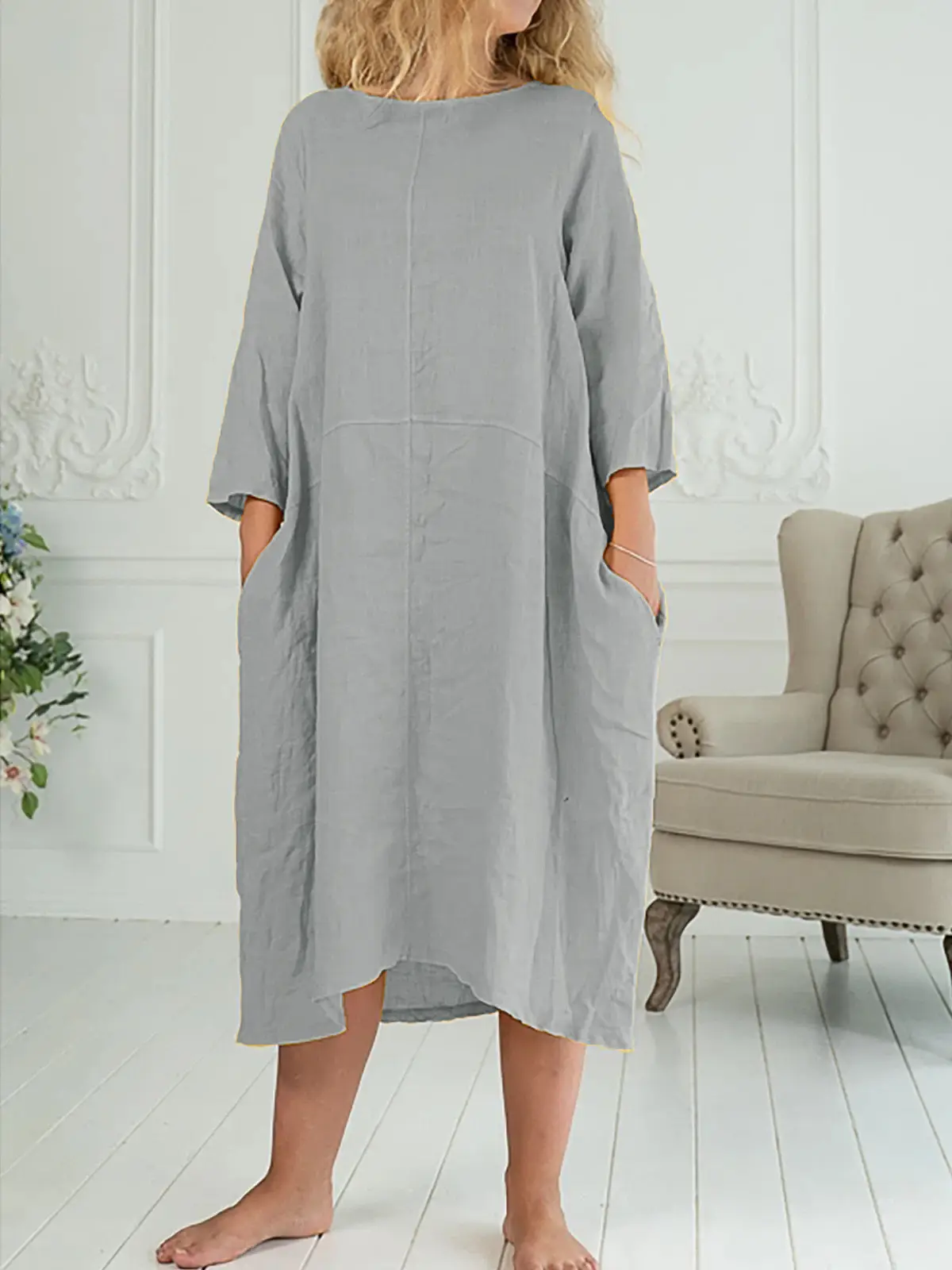 Women's Sleeves Round Neck Pocket Loose Maxi Dress