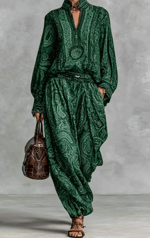 Paisley Print Loose Blouse And  Harem Pants Set
