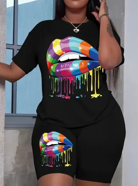Women'S Two Piece Set Featuring A Stylish Printed T Shirt And Casual Shorts Black - Shop at LoveMi