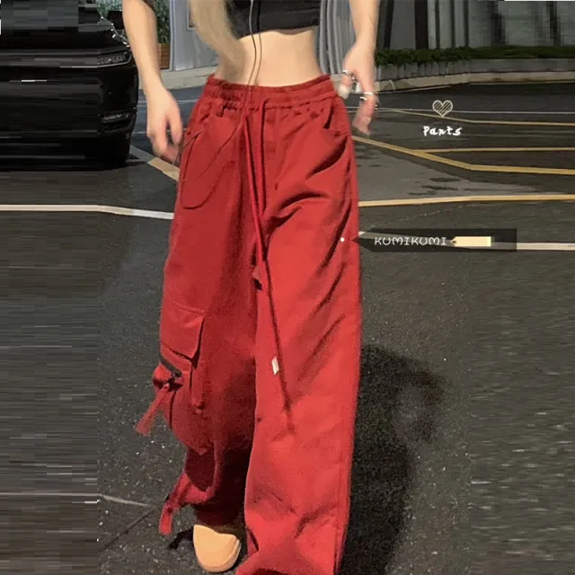 Women's Retro Loose Wide Leg Casual Pants Red - Shop at LoveMi