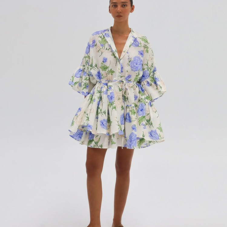 Watercolor Blue Floral Stand Collar Tie-Waist Ruffle Mini Shirt Dress