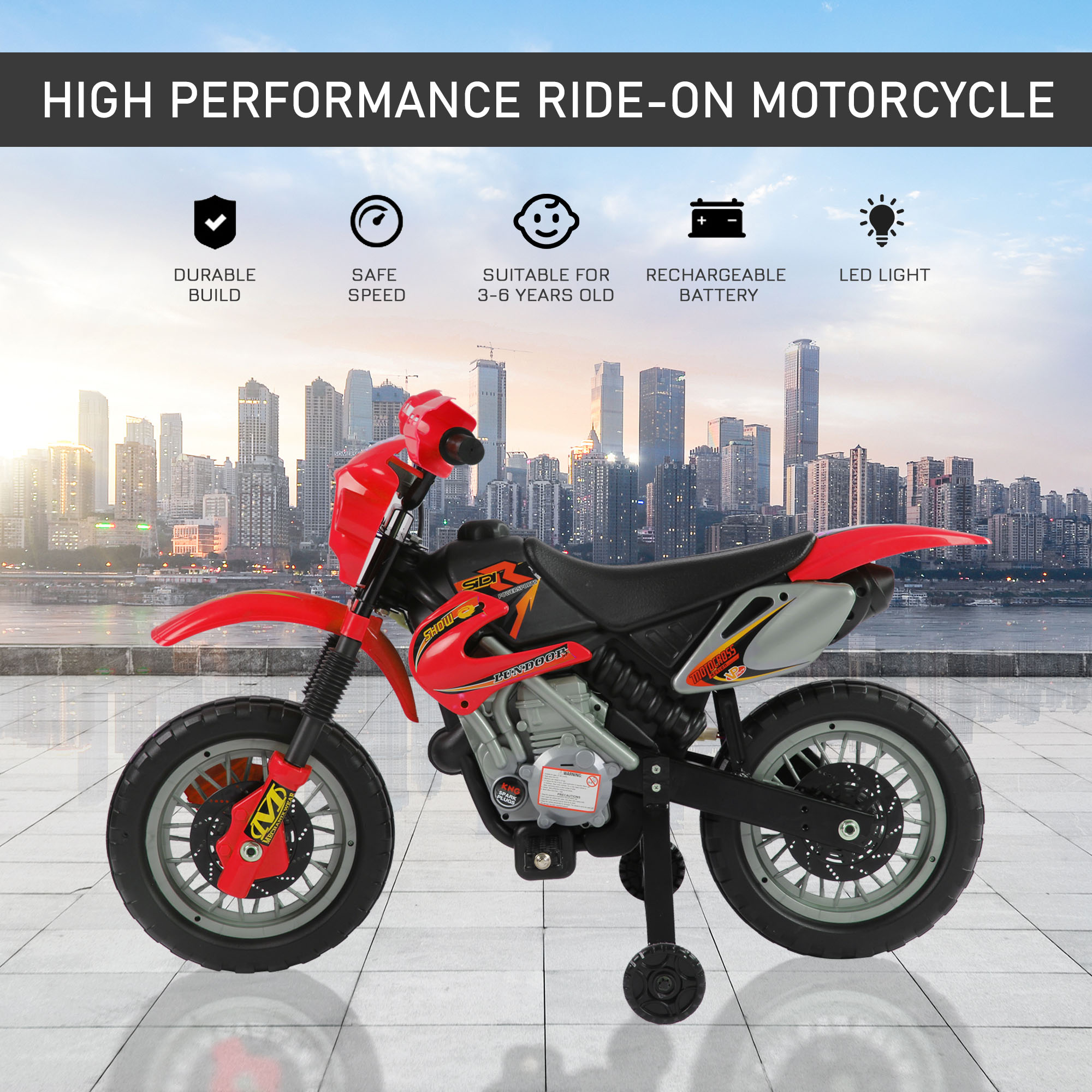 Moto eléctrica para niños de 6 V con ruedas de entrenamiento, a batería, color rojo / Kids 6V Electric Ride-On Motorcycle With Training Wheels, Battery-Powered, Red 41