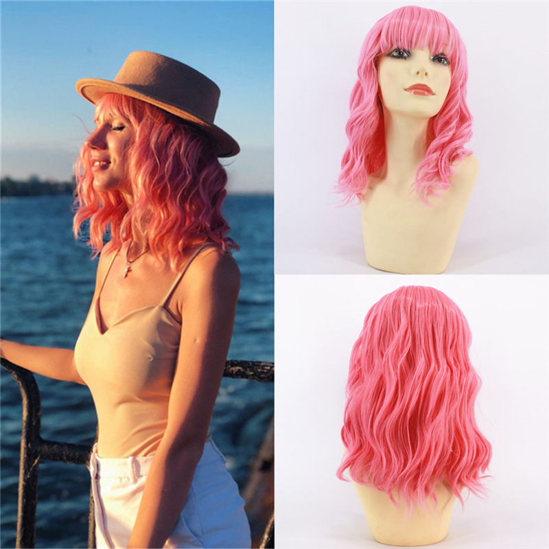 Fashion Ladies Chemical Fiber Air Liu Hai Ripple Wig Head Cover Pink - Shop at LoveMi