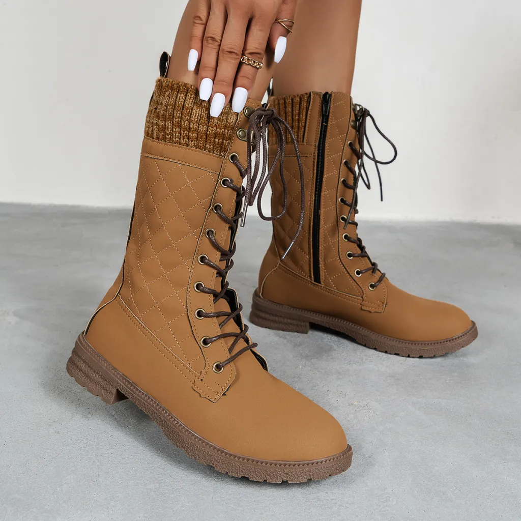 Lace Up Boots Winter Cowboy Boots Women Block Heel Round Toe Shoes - Brown