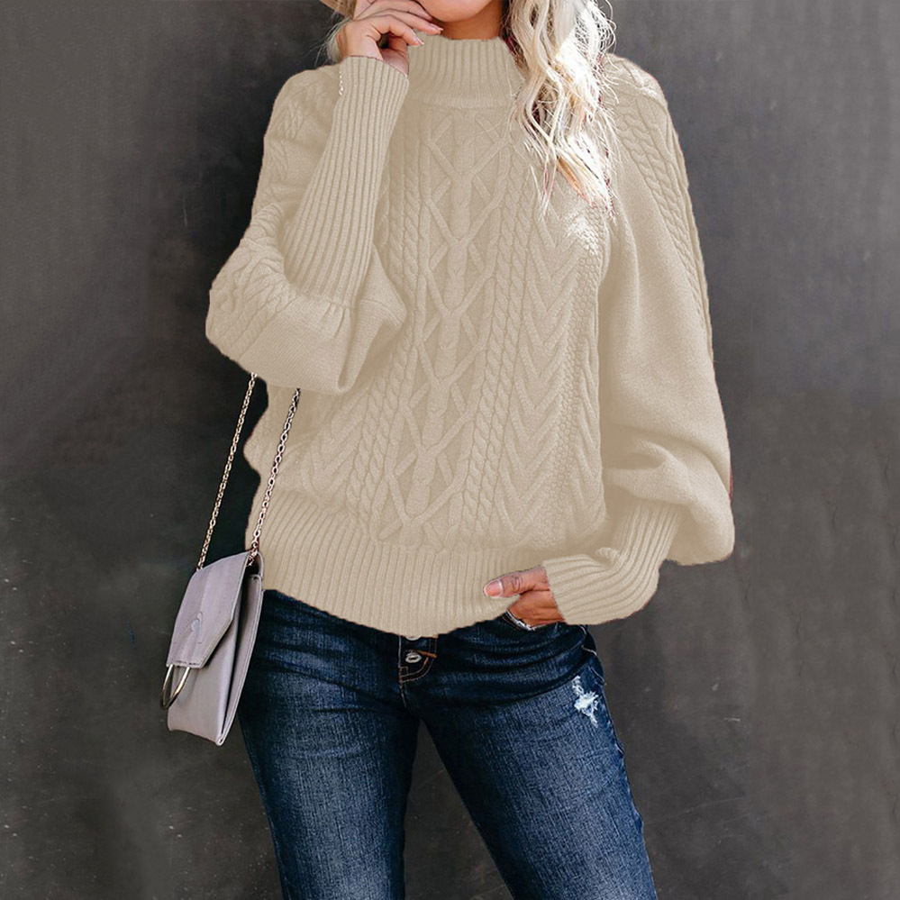 Women's Mid Neck Loose Long Sleeve Knit Solid Color Sweater