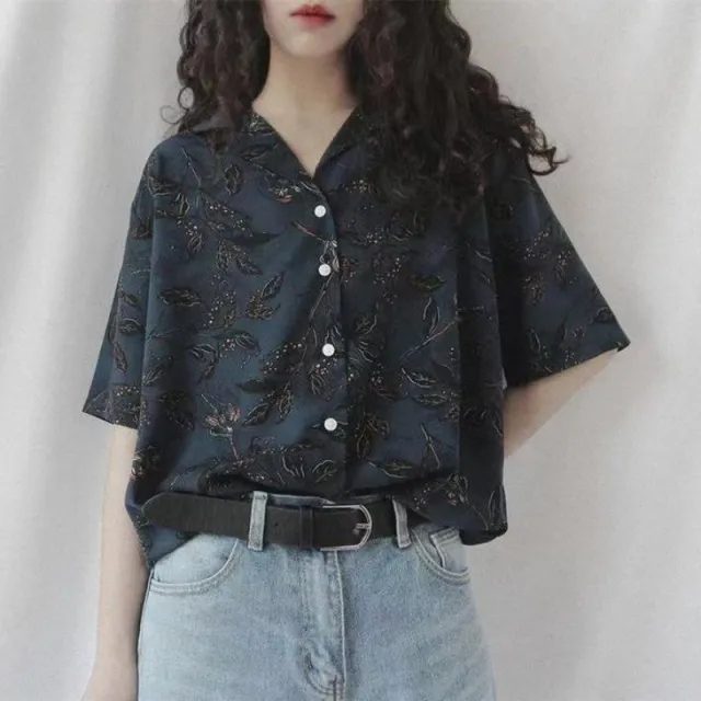 Shirt Women's Retro Cool Print Chic Loose Design Sense Navy Blue - Shop at LoveMi