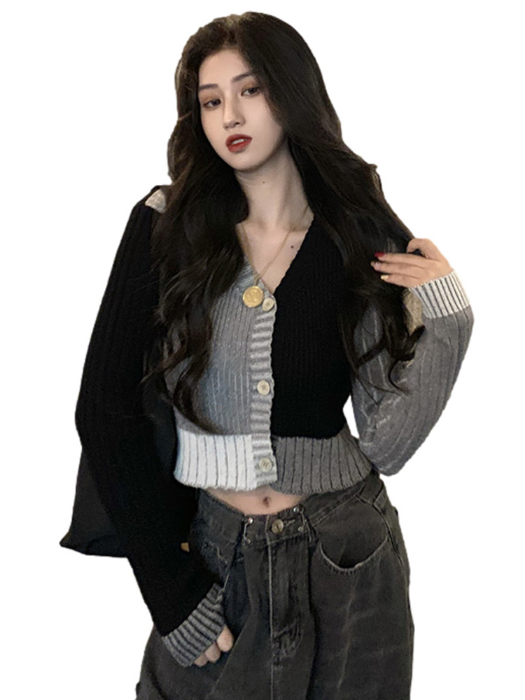 Title 7, Split Color V-neck Sweater Cardigan Long Sleeves