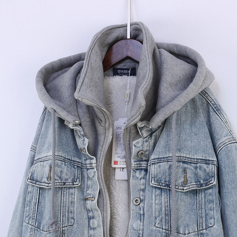 Fake Two-piece Hooded Faux Lamb Wool Denim Jacket Women