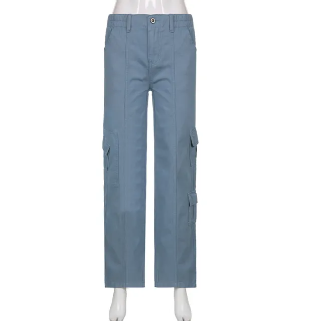 New Women's Low Waist Multi Pocket Casual Cargo Pants Blue - Shop at LoveMi