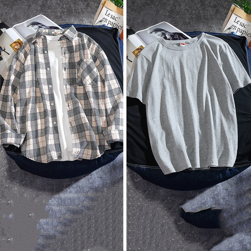 Spring And Autumn Ins Plaid Shirt Men's Long Sleeve