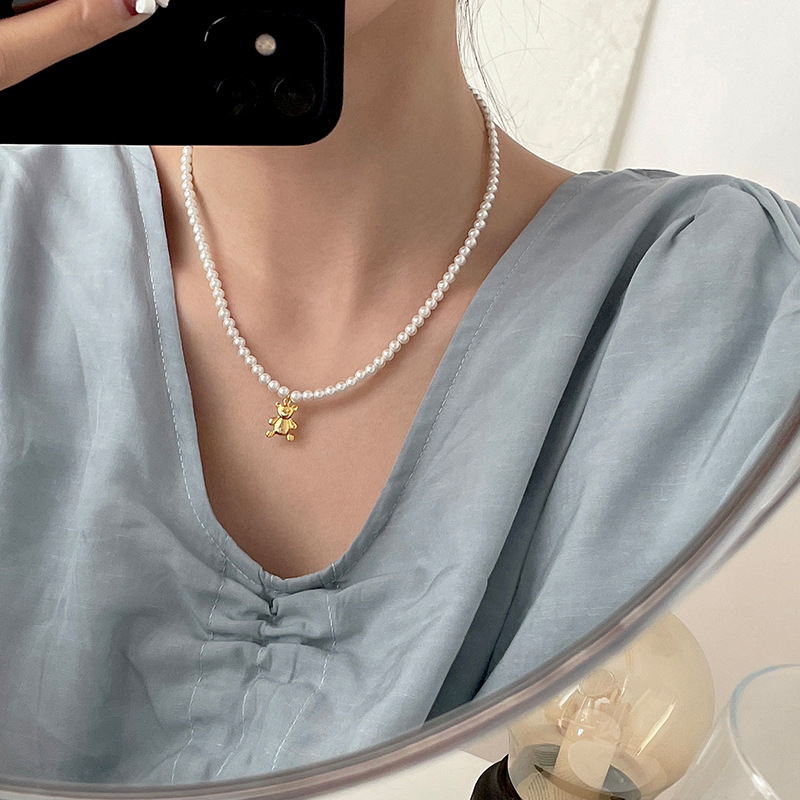 925 Sterling Silver Pearl Necklace Female Summer Bear Pendant Clavicle Chain