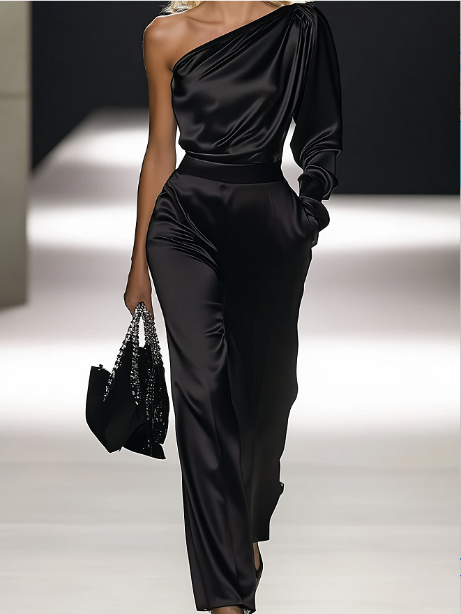 One-shoulder Satin Asymmetric Long-sleeve Jumpsuit