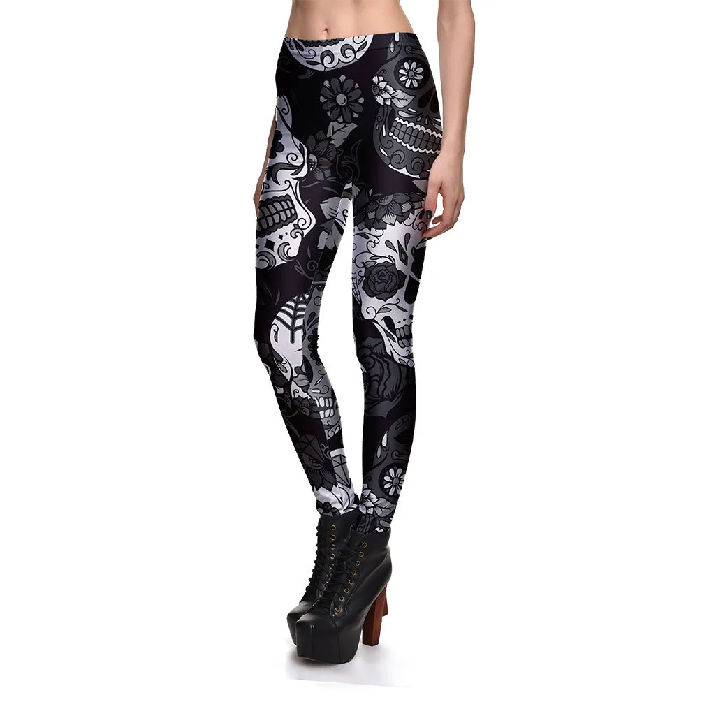 Women's Breathable Sports Print Black And White Skull Leggings - White