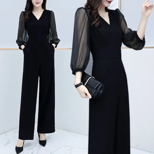 Black Fashion Chiffon Jumpsuit High Waist V Neck Black - Shop at LoveMi