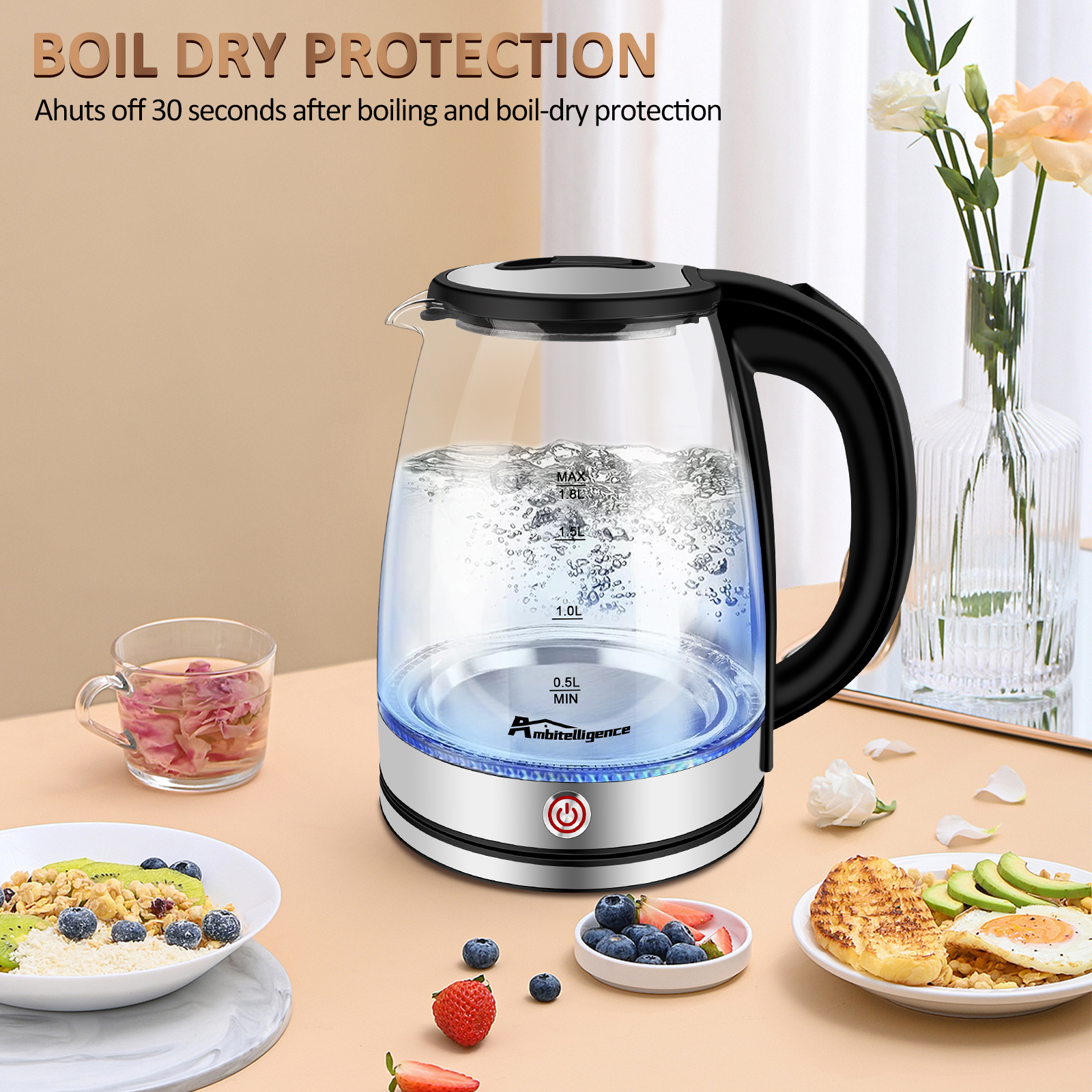 1.8L Glass Electric Kettle with Keep Warm. BPA Free Materials, Keep Temperature Function, Fast Boil, Automatic shut-off, Easy to Clean. Image source: https://cf.cjdropshipping.com/dc36268c-ab29-4312-be60-d1573b4f4e7d.jpg