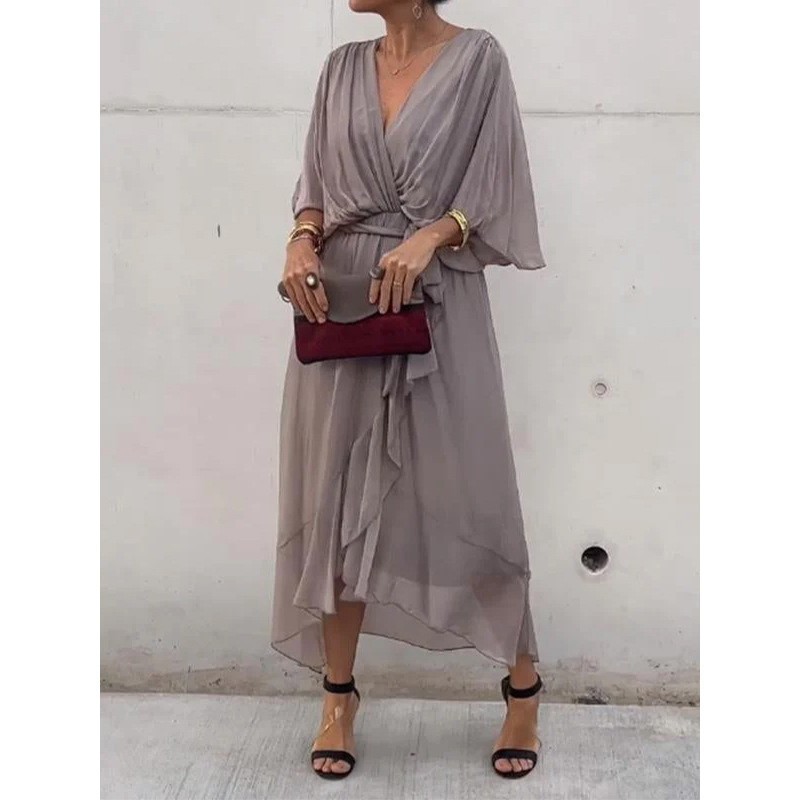 Solid Color Tie Waist Batwing Sleeve Irregular Plus Size Maxi Dress
