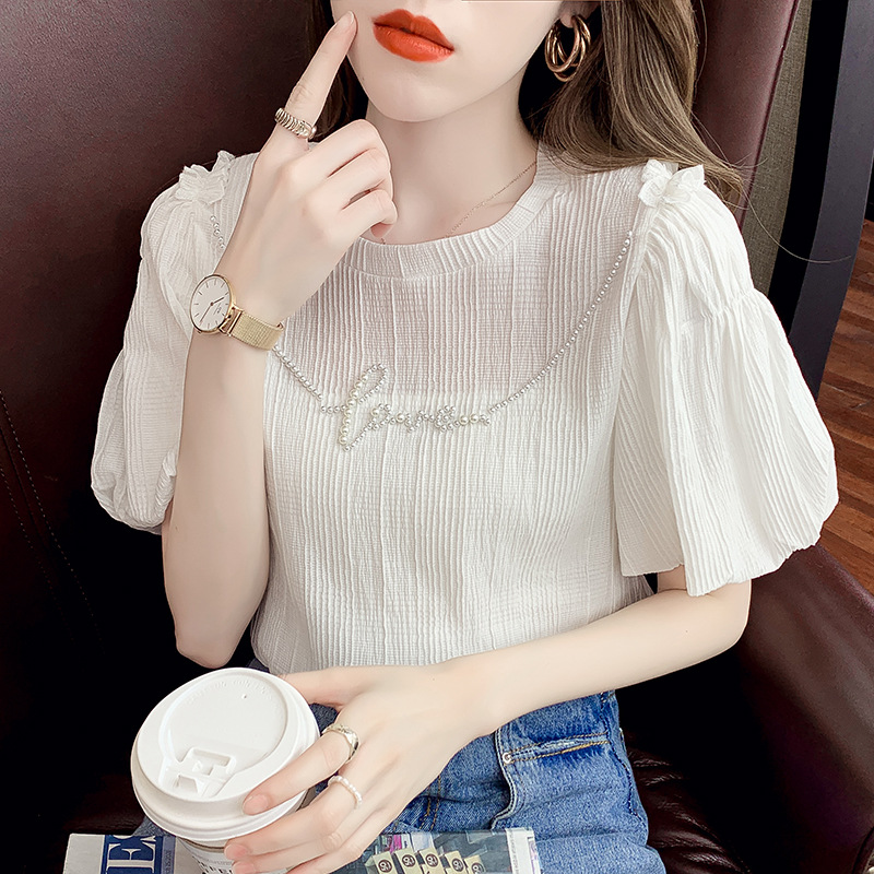 Title 3, Top Puff Sleeve Solid Color Short-sleeved Shirt