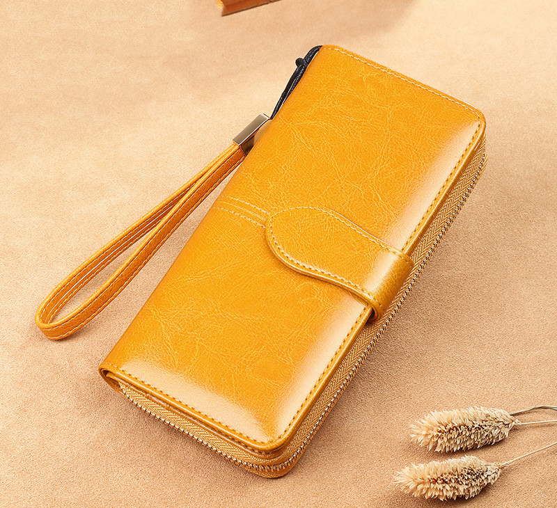 Waxed Cowhide Long Lady Wallet Leather Zipper Wallet Large Capacity