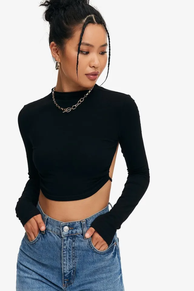 Crop Top Solid Tie Backless Curved Hem Black - Shop at LoveMi
