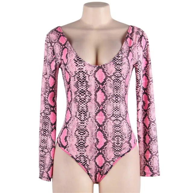 Fashion Pattern Snake Print Women's Bodysuit Pink - Shop at LoveMi