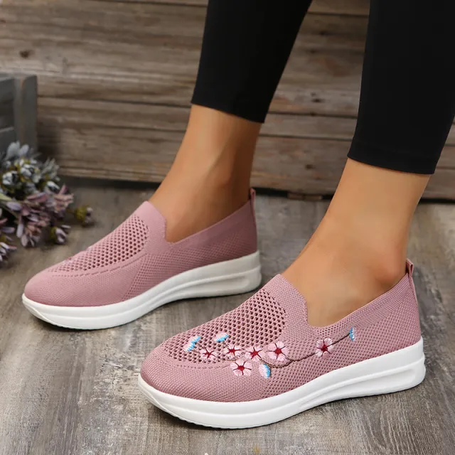 Loafers Women Flowers Embroidery Shoes Breathable Mesh Flats Red - Shop at LoveMi