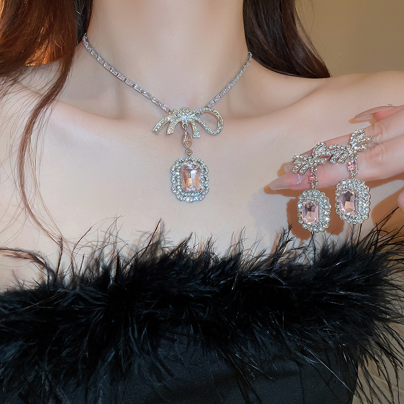 Zircon Square Bow Necklace Earring Set