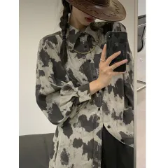 Blouse Long Sleeve Black Gray Color Block Leopard Shirt Button Up Chain Top Single-Breasted Womens Blouses Loose - Black - View 1