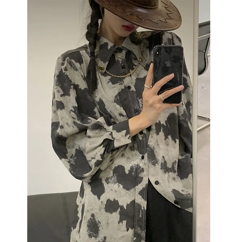 Blouse Long Sleeve Black Gray Color Block Leopard Shirt Button Up Chain Top Single-Breasted Womens Blouses Loose - Black Gray
