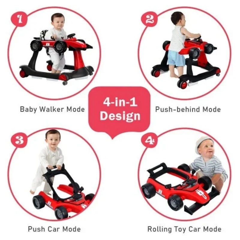 4-in-1 Baby Push Walker With Adjustable Height And Speed - Red 4