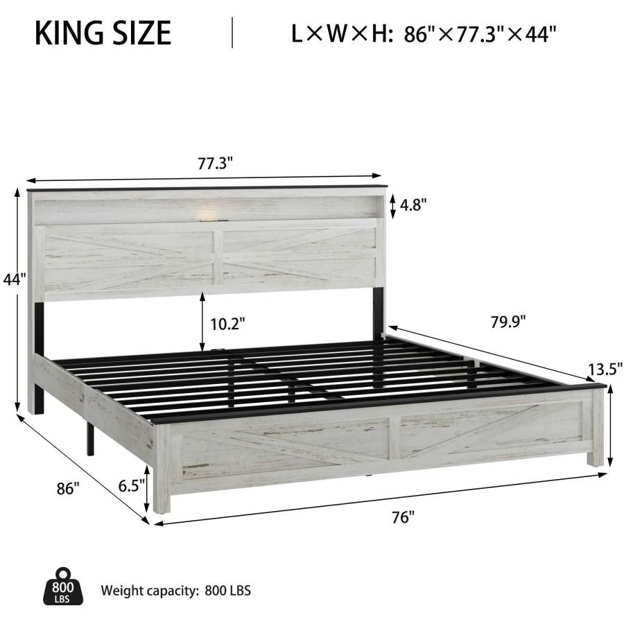King Wood Bed Frame With Hidden Storage Headboard, Antique White & Gray