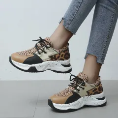 Leopard Print Sneakers Women Lace Up Walking Running Sports Shoes - Leopard - View 1