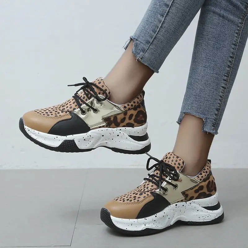 Leopard Print Sneakers Women Lace Up Walking